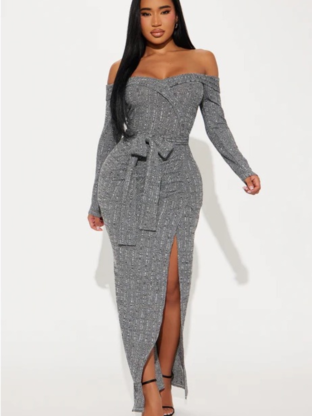 Off-Shoulder Long Sleeve Gray Knit Maxi Dress with Side Slit 1X NWT